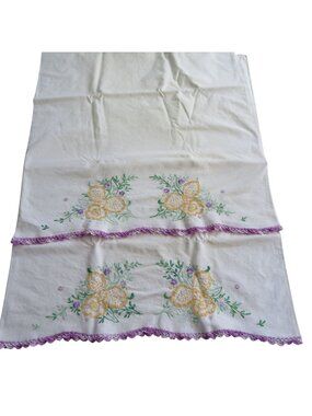 Vintage Handmade Embroidered Pillowcases 2 Yellow Floral Design Purple Crochet
